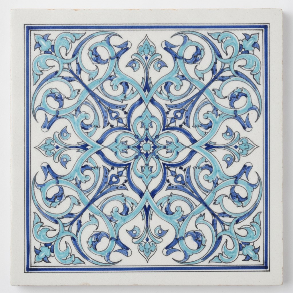 Rumi kıvrımı motifi, ince tahrir çizgileri ve kobalt tonlar